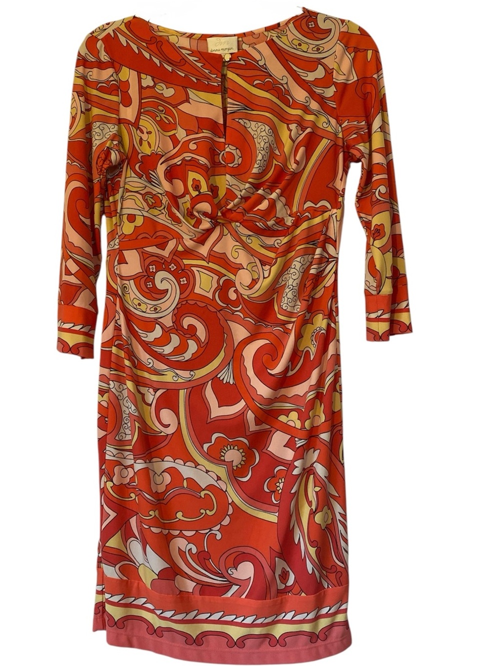 Donna Morgan Red / Orange Paisley Twist-Front Long Sleeve Dress Size